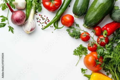 Fresh veggies on white background with room for text top view