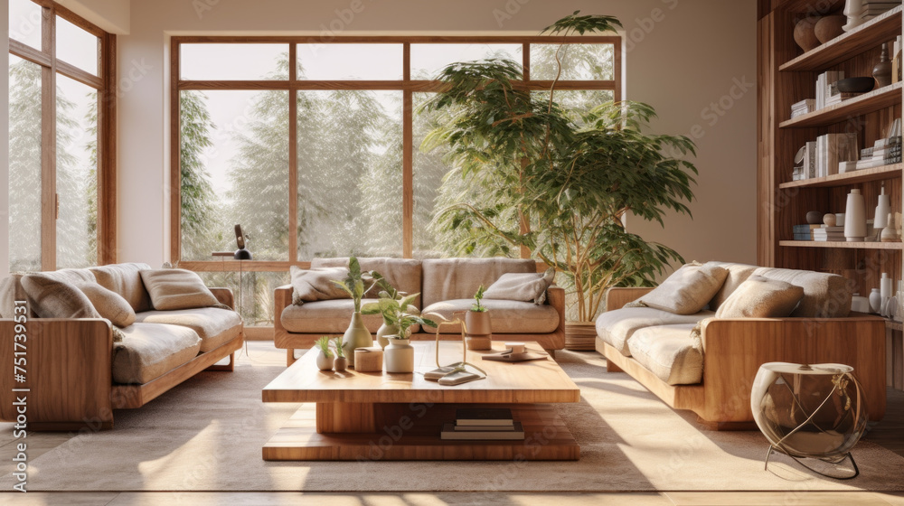 A trendy living room with a Biophilic design, showcasing warm wood tones, natural textures, and plants throughout