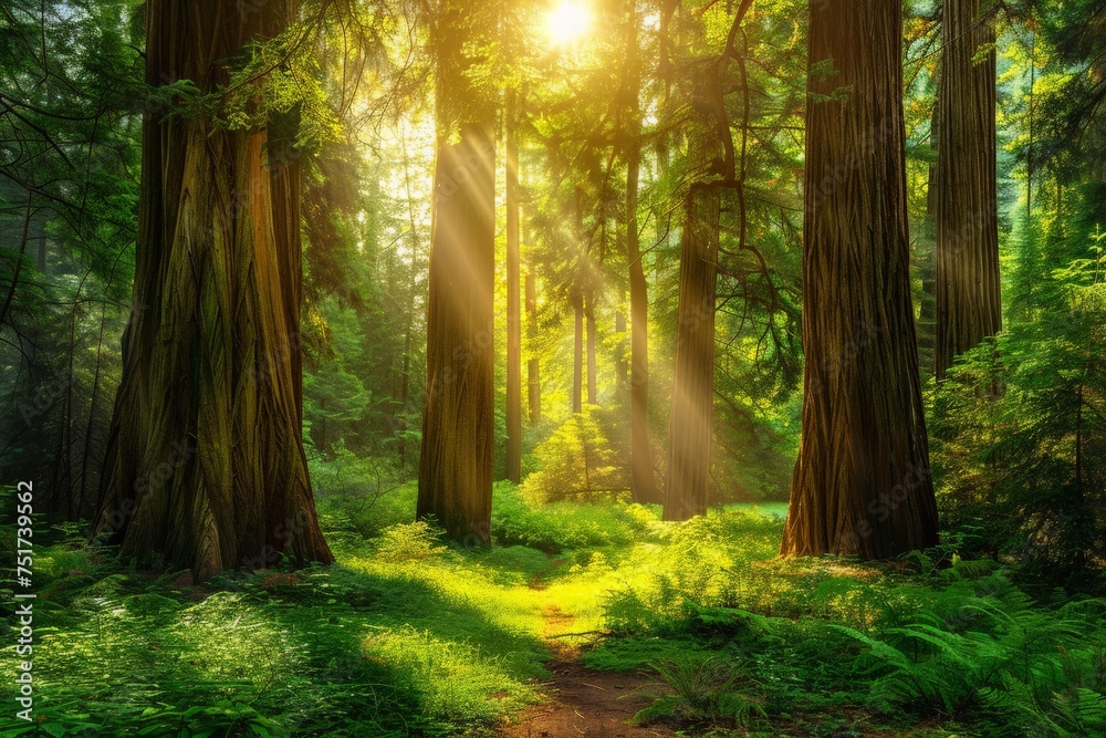 Obraz premium Redwood Forest in Sunlight, Green Pine Trees in Sunlight Rays Falling, Copy Space