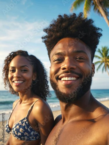 Selfie couple heureux - vacances d'été plage © Geenius Stock