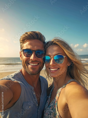 Selfie couple heureux - vacances d   t   plage