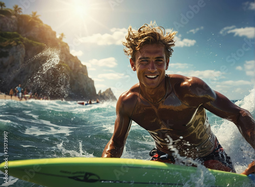 Portrait of surfer, A man with blonde hair wearing a red wetsuit is surfing in the ocean. He is riding a wave and water is splashing around him. The sun is shining and the sky is blue. © Geenius Stock