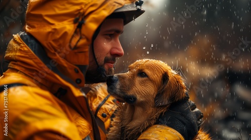 Man in yellow jacket holds Canidae companion dog in arms photo