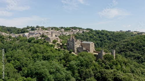 Aerial shot of Saissac Castle in the south of France. Historic French castle. photo