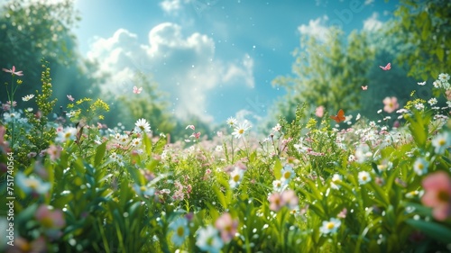  Beautiful meadow field with fresh grass and yellow dandelion flowers in nature against a blurry blue sky with clouds. 