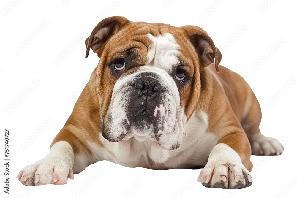 Relaxed bulldog lying down, cut out - stock png.