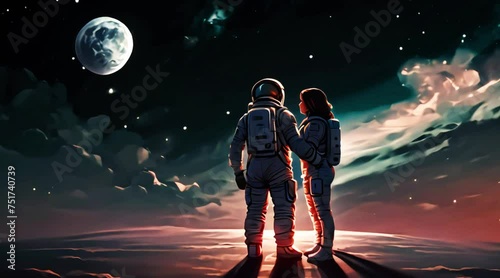 Two Love , Astronaut on a Moon surface, holding hand in hands photo