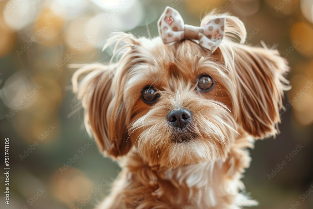 The result of a professional shooting of a dog with a cute and fluffy fur and a bow on the head
