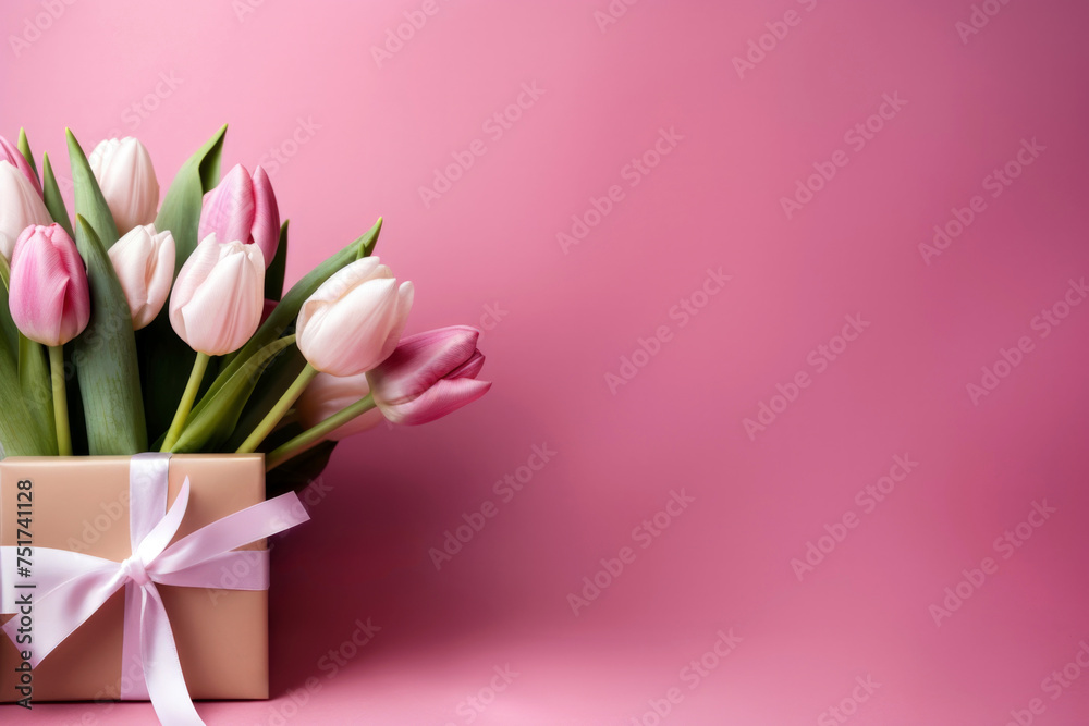 Beautiful bouquet of pink and white tulips displayed in a gift box against a pink background. High quality photo Beautiful bouquet of pink and white tulips displayed in a gift box against a pink background. High quality photo