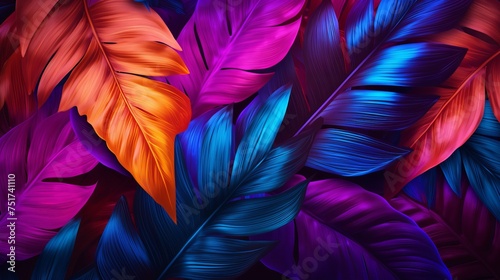Vibrant Neon Tropical Leaves Flat Lay Layout. Nature Concept with Fluorescent Colors. © Tahir