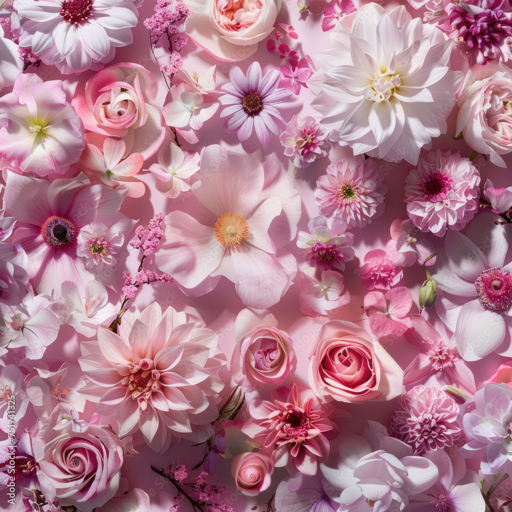 Floral pattern made of pink and white roses and dahlias