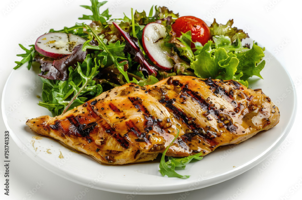 Grilled chicken fillet with salad on a white plate, white background in a restaurant Grilled chicken fillet with salad on a white plate, white background in a restaurant