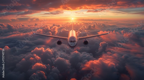 Airplane Soaring Above Clouds at Sunset
