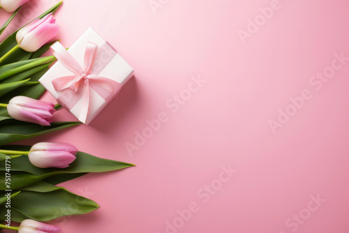 Pink tulips bouquet and gift box on pink background with copy space. High quality photo © oksa_studio