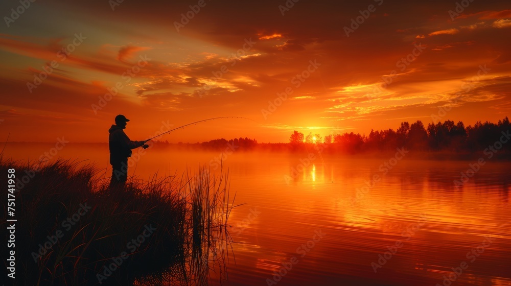 Man Fishing on Lake at Sunset
