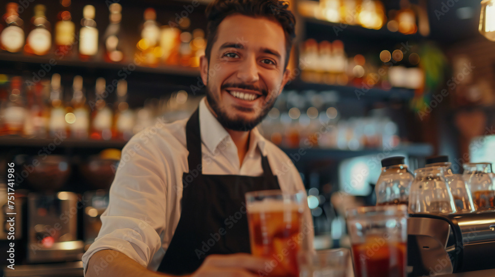 Happy waiter serving drinks while working in cafe and looking at camera