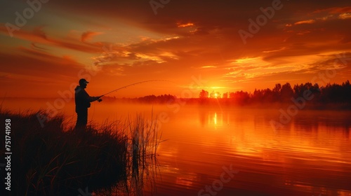 Man Fishing on Lake at Sunset