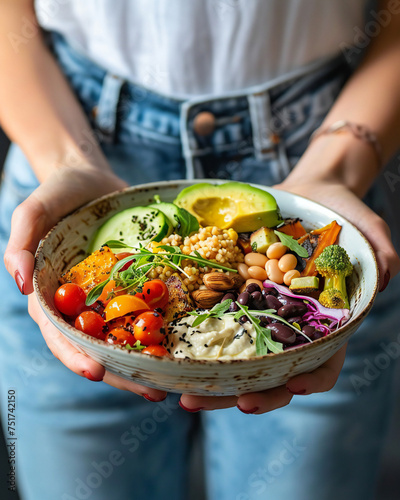 Healthy dinner or lunch. Woman in t-shirt and jeans standing and holding vegan superbowl or bowl with hummus, vegetable, salad, beans, couscous and avocado and smoothie in hands,  © Bogdan