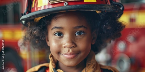 International Firefighters Day, portrait of an African-American child girl in a firefighter costume, fire trucks in a fire station, the concept of choosing a profession