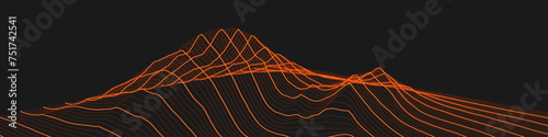 Abstract wireframe background. 3D mesh technology, landscape vector illustration. Parallel non-intersecting continuous lines concept. Orange on black. Extra wide size.