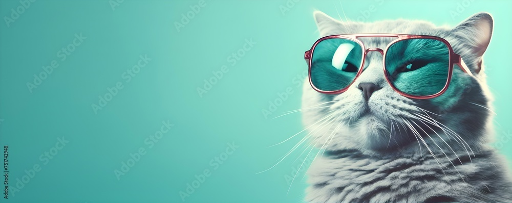 Closeup portrait of a cat with sunglasses on light cyan background. Concept Cat Portraits, Sunglasses, Cyan Background, Closeup Shot