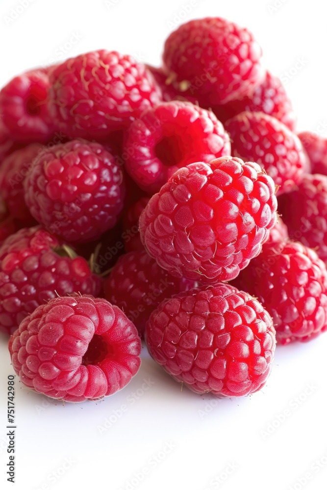 Collection of fresh red raspberries on white background