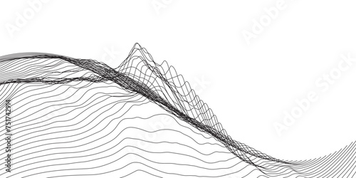 Abstract wireframe background. 3D grid technology illustration landscape. Digital Terrain Cyberspace in the Mountains, valleys. Non-intersecting parallel straight line segments. Black on White. Vector