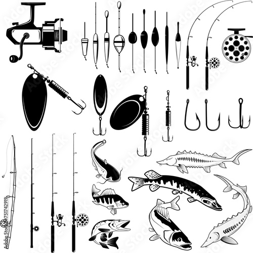 Set of fishing tools, river fish icons, equipment for fishing. Design element for logo, label, emblem, sign, badge, flyer. Vector illustration.