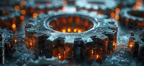 A close up of a gear surrounded by electric blue glowing lights, resembling a fashion accessory. The circle symbolizes symmetry and engineering