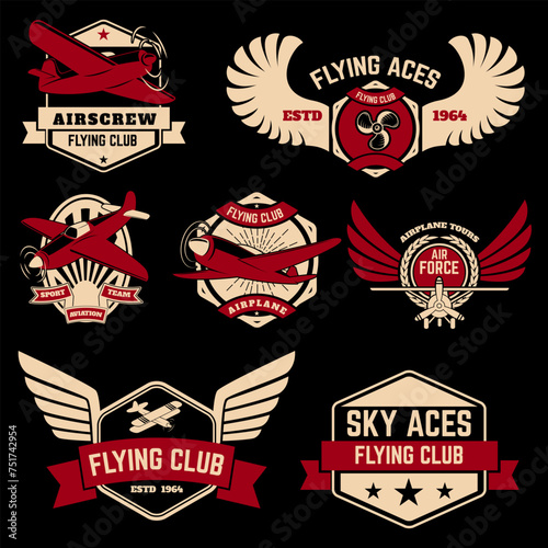Set of flying club labels and emblems on grunge background. Design elements for logo, label, badge, emblem, sign.
