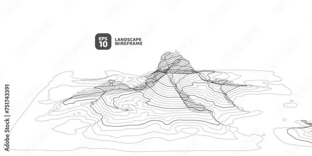 Naklejka premium Abstract wireframe background. 3D grid technology illustration landscape. black thin lines on a white background, texture mesh. Digital Cyberspace in the Mountains with valleys. EPS10 Vector.
