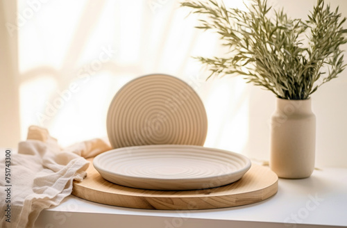 Empty plates are displayed on a wooden cutting board beside a vase of plant with white curtain window background. High quality photo