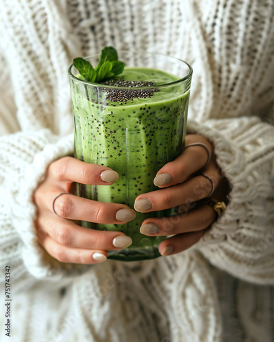 Matcha green vegan smoothie with chia seeds and mint in glass in hands of female wearing white sweater, square crop. Clean eating, alkaline diet, weight loss food concept