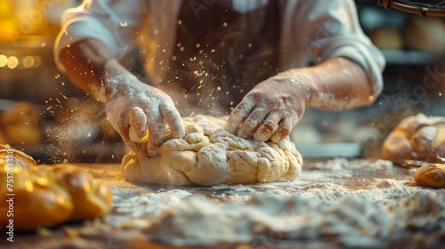 Person Kneading Dough on Table