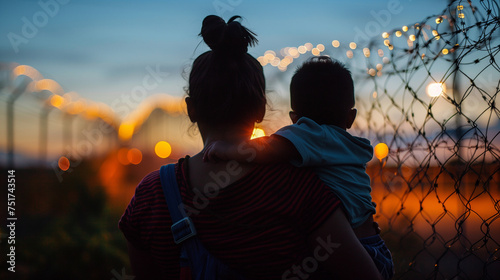 Silhouettes of a Latino Woman and Child at the Border. Emigration Crisis on the Mexico-America Border. Immigration Theme.