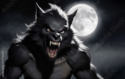 Werewolf with mouth wide open and sharp teeth. Full moon terror