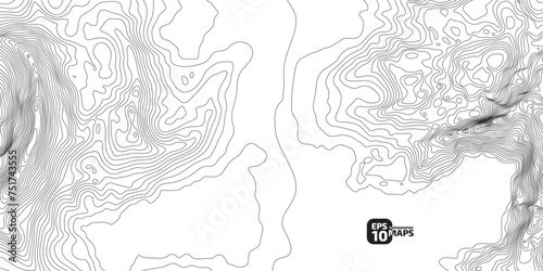 Topographic pattern texture. Black contours on white vector topography. Geographic mountain topographic. Map on land strok terrain. Elevation graphic contour height lines. Vector Illustration.