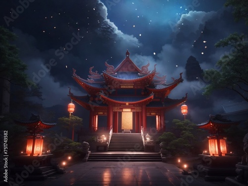 "Celestial Harmony Unveiled: AI-Enhanced Chinese Temple in Cinematic Dark Mode"