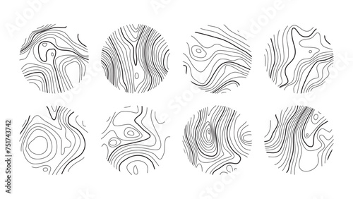 Set topographic line, stroke map in view rings, circular geographic grid. topographic map landscape. Black and white landscape. Abstract design. Isolated pattern texture. Vector illustration