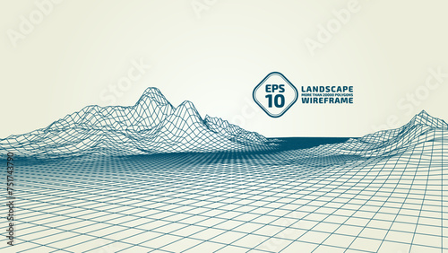 Abstract wireframe background. 3D grid technology, vector illustration landscape. Blue on yellow colors. Digital Terrain Cyberspace in Mountains with valleys. Data Array. Isolated object.