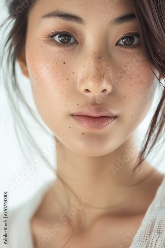 young Asian woman on a white background close-up portrait Generative AI