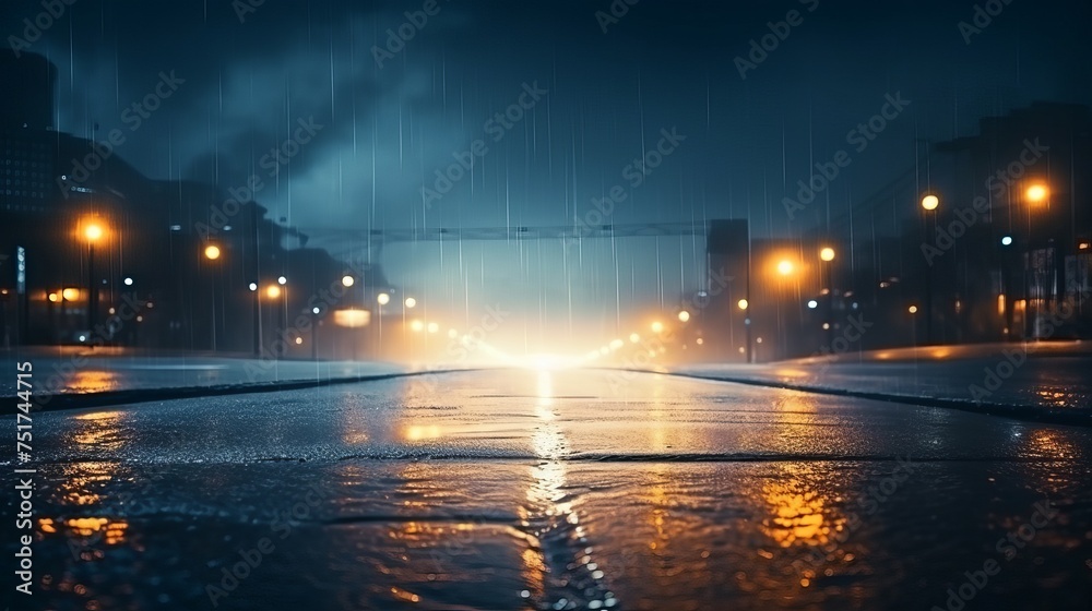 Wet Asphalt Reflecting Neon Lights, Searchlight, Smoke - Abstract Dark Street Scene