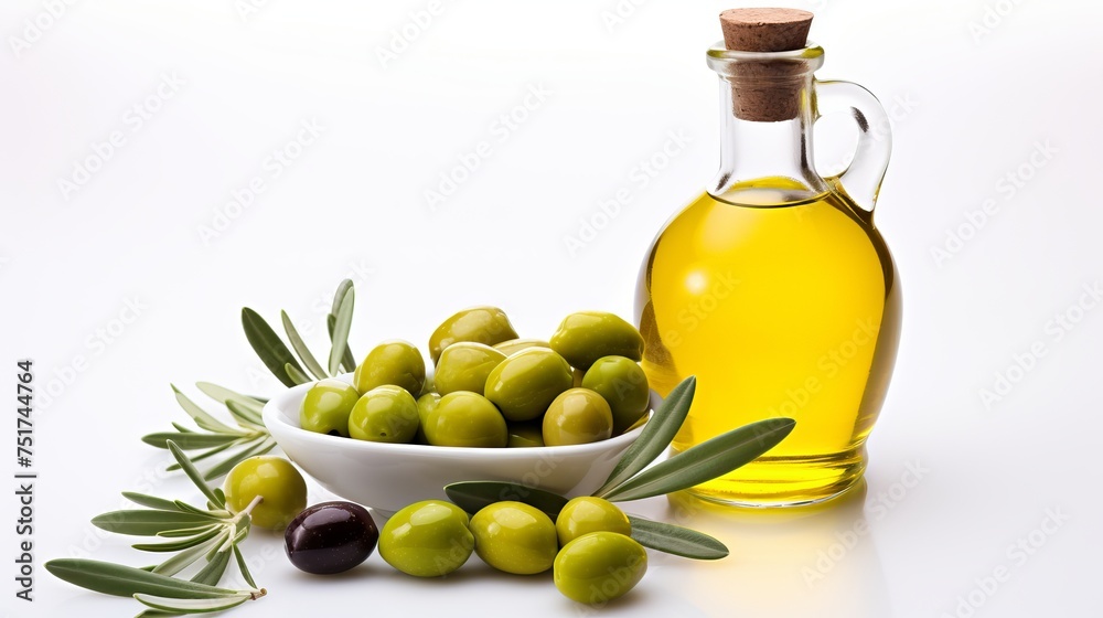 A branch laden with olives, positioned beside a bottle filled with olive oil.