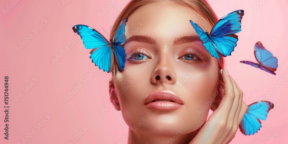 young woman with   butterflies close-up portrait pink background Generative AI