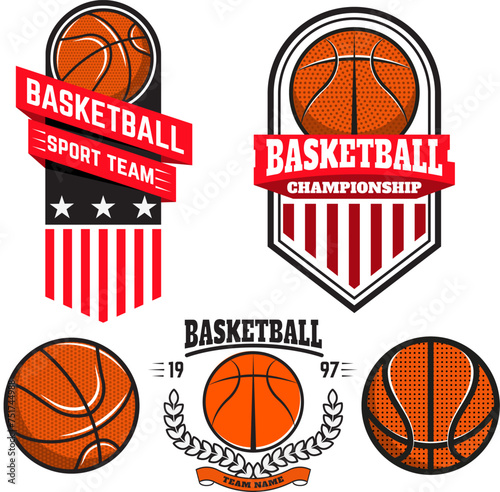 Set of  basketball labels and logos and design elements for basketball teams, tournaments, championships isolated on white background. Design element in vector.