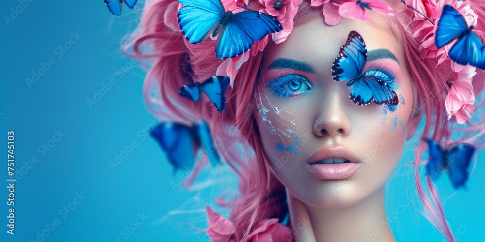 young woman with   butterflies close-up portrait blue background Generative AI