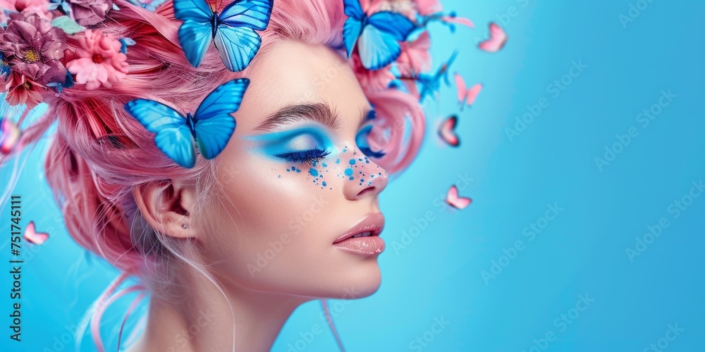 young woman with   butterflies close-up portrait blue background Generative AI