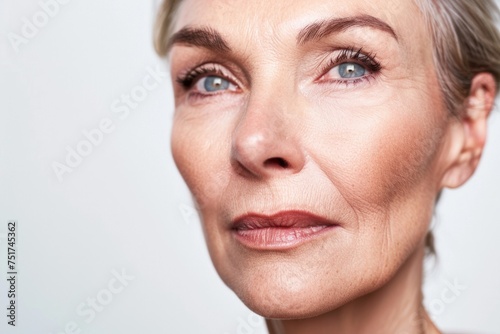 woman fifty years old on a white background close-up Generative AI