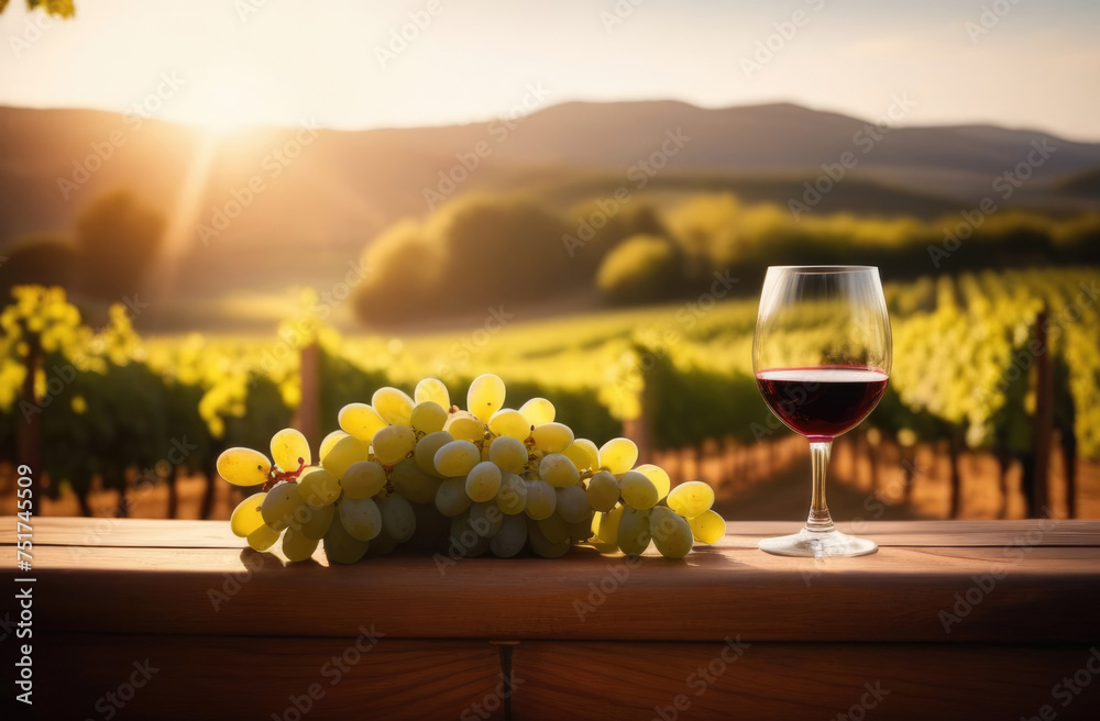 a glass of wine and a bunch of grapes on a wooden windowsill, a view from the window of a grape plantation, a summer vineyard, harvesting, wine production, a sunny day
