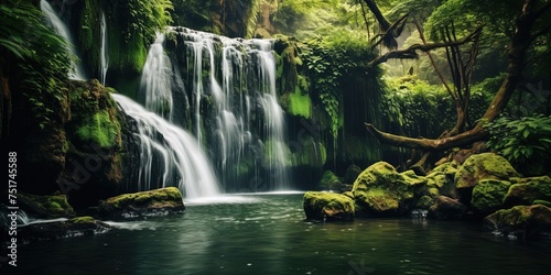 Waterfall is flowing in jungle. Waterfall in green forest. Mountain waterfall. Cascading stream in lush forest. Nature background. Rock or stone at waterfall. Water sustainability.